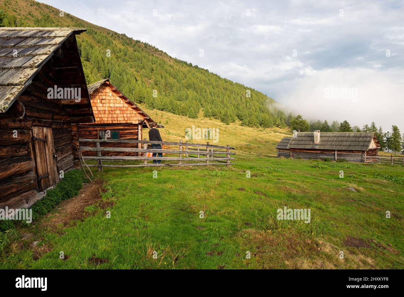 assembly of huts on Vordere Goeriacher Alm in Niedere Tauern, Salzburg, Austria Stock Photo
