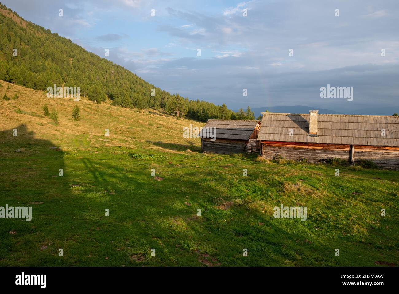 assembly of huts on Vordere Goeriacher Alm in Niedere Tauern, Salzburg, Austria Stock Photo