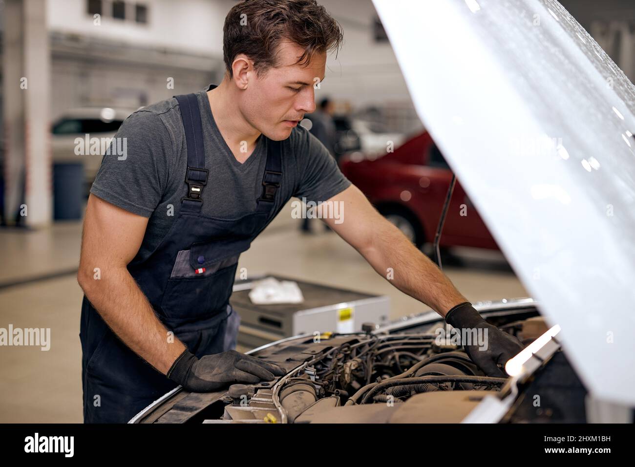 Car mechanic looking inside of engine in garage. Car motor repair. Problems and solutions concept. handsome professional guy of caucasian appearance e Stock Photo