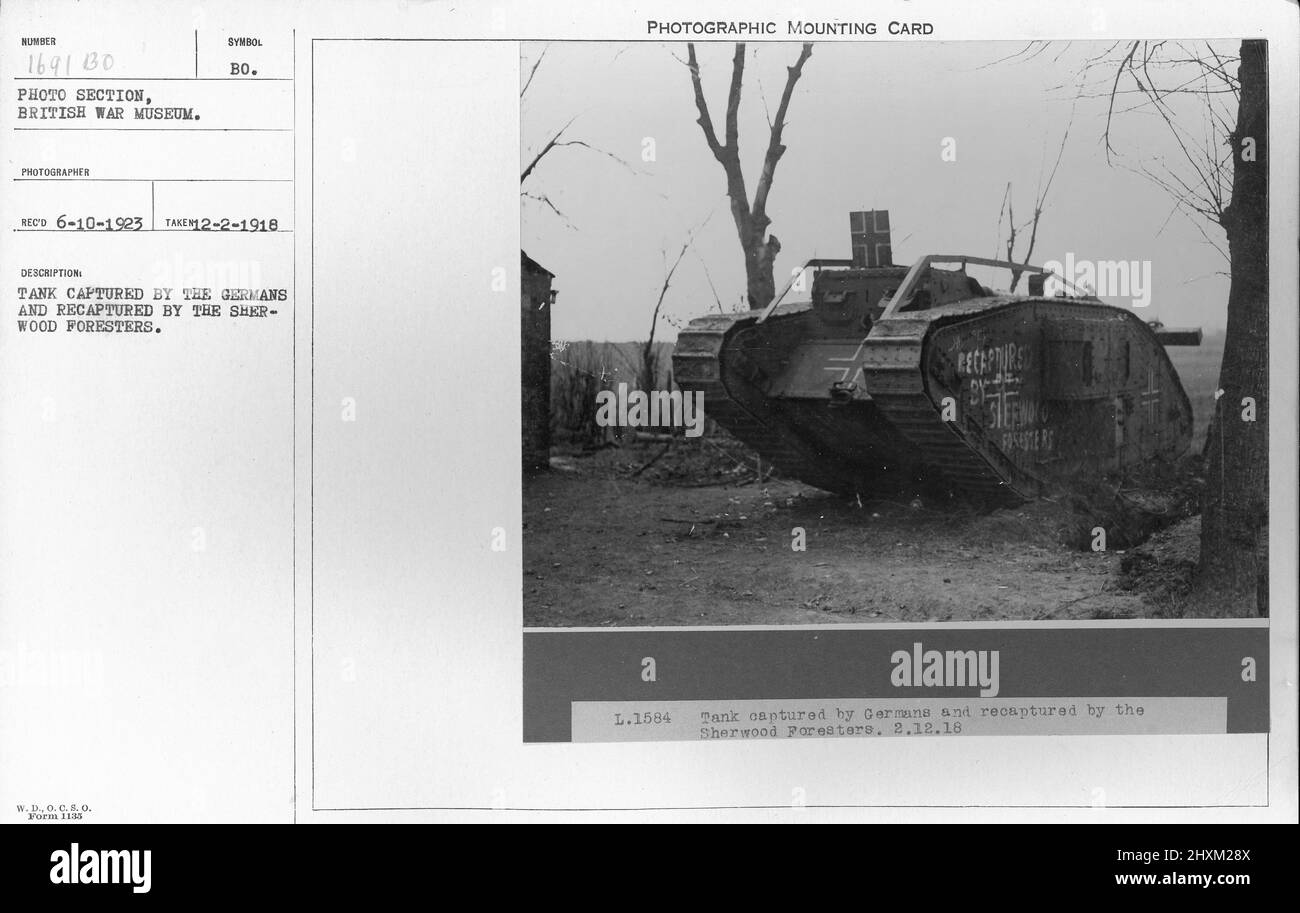 Tank captured by the Germans and recaptured by the Sherwood Foresters. 12-2-1918. Collection of World War I Photographs, 1914-1918 that depict the military activities of British and other nation's armed forces and personnel during World War I. Stock Photo