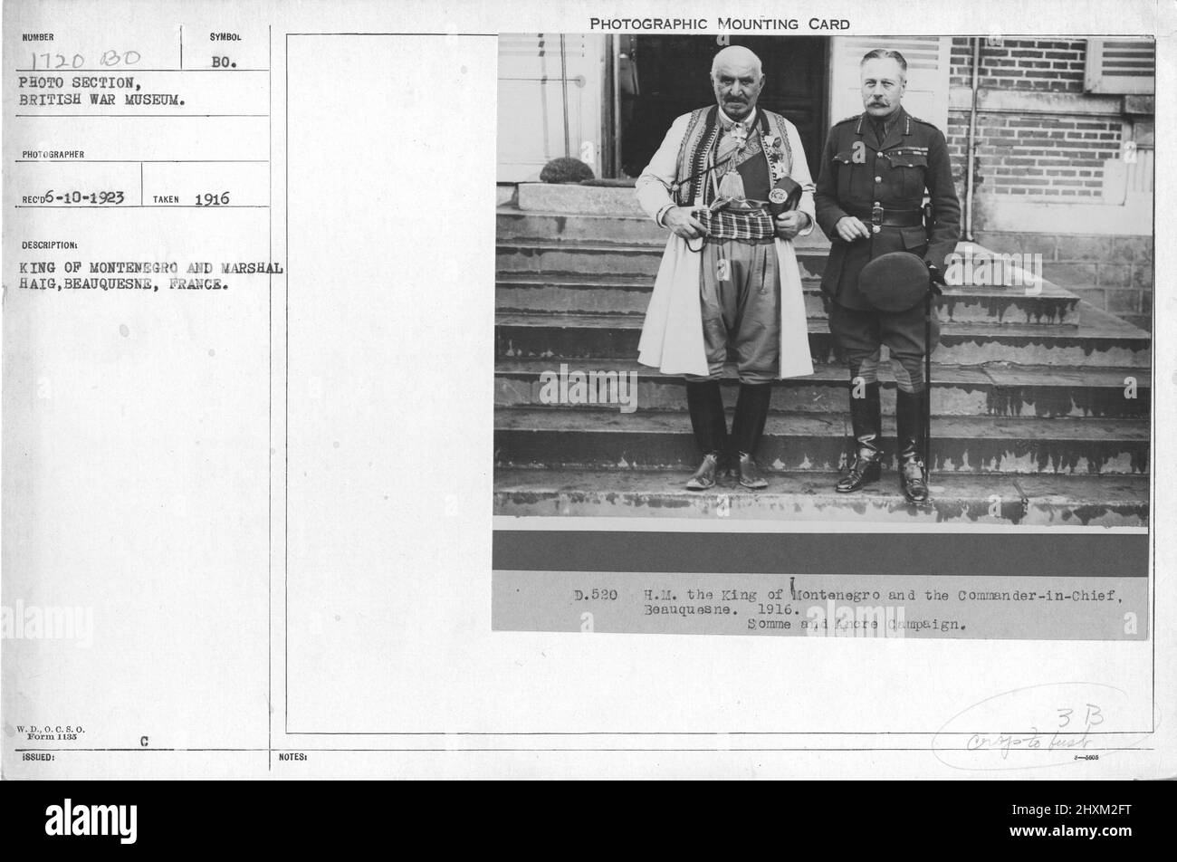 King of Montenegro and Marshal Haig, Beauquesne, France. Collection of World War I Photographs, 1914-1918 that depict the military activities of British and other nation's armed forces and personnel during World War I. Stock Photo