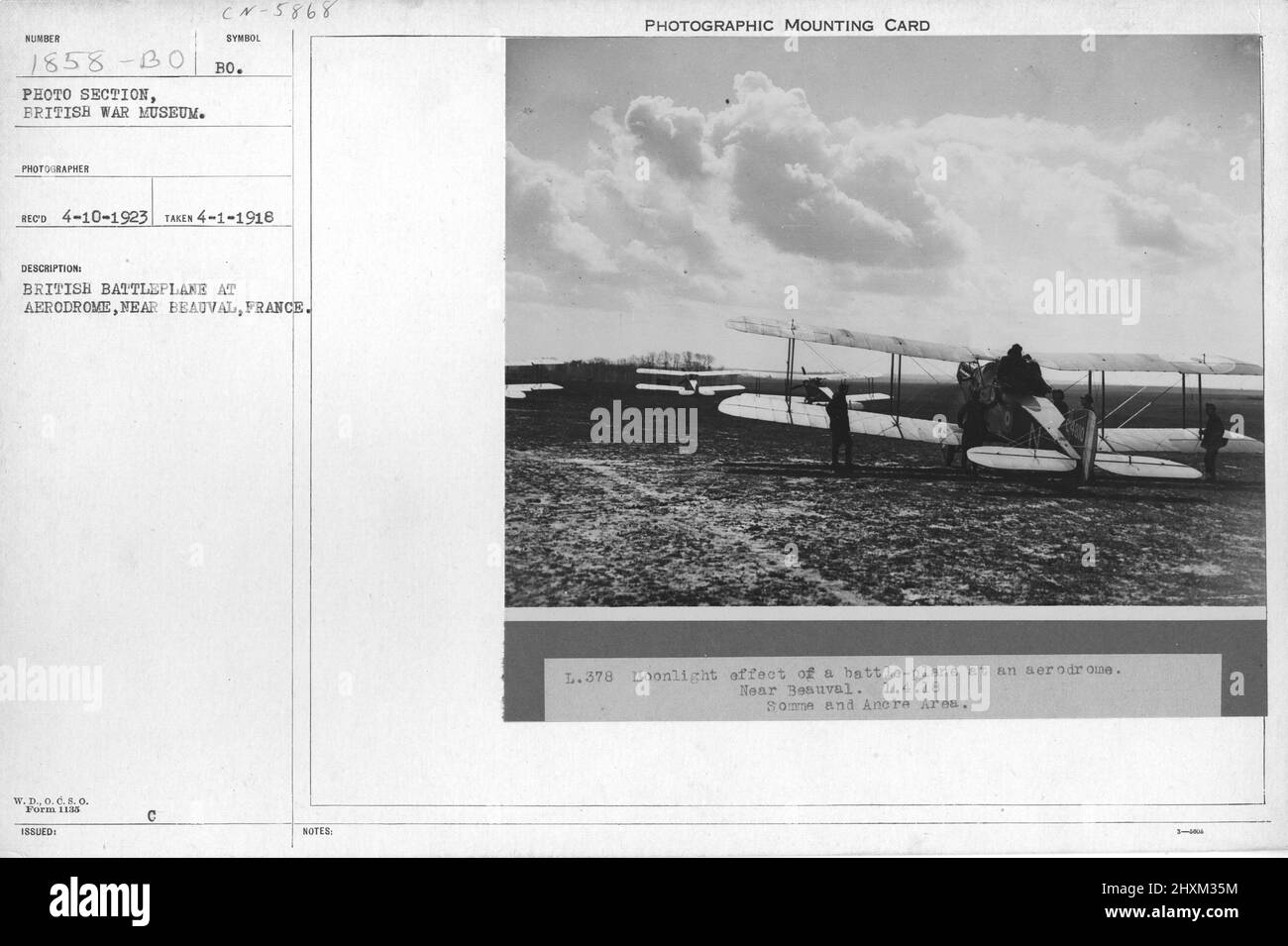 British battleplane at Aerodrome, near Beauval, France. Collection of World War I Photographs, 1914-1918 that depict the military activities of British and other nation's armed forces and personnel during World War I. Stock Photo