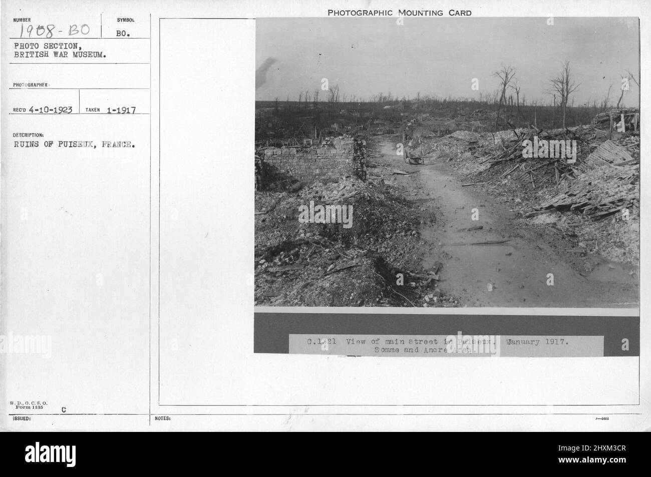 Ruins of Puiseux, France. Collection of World War I Photographs, 1914-1918 that depict the military activities of British and other nation's armed forces and personnel during World War I. Stock Photo