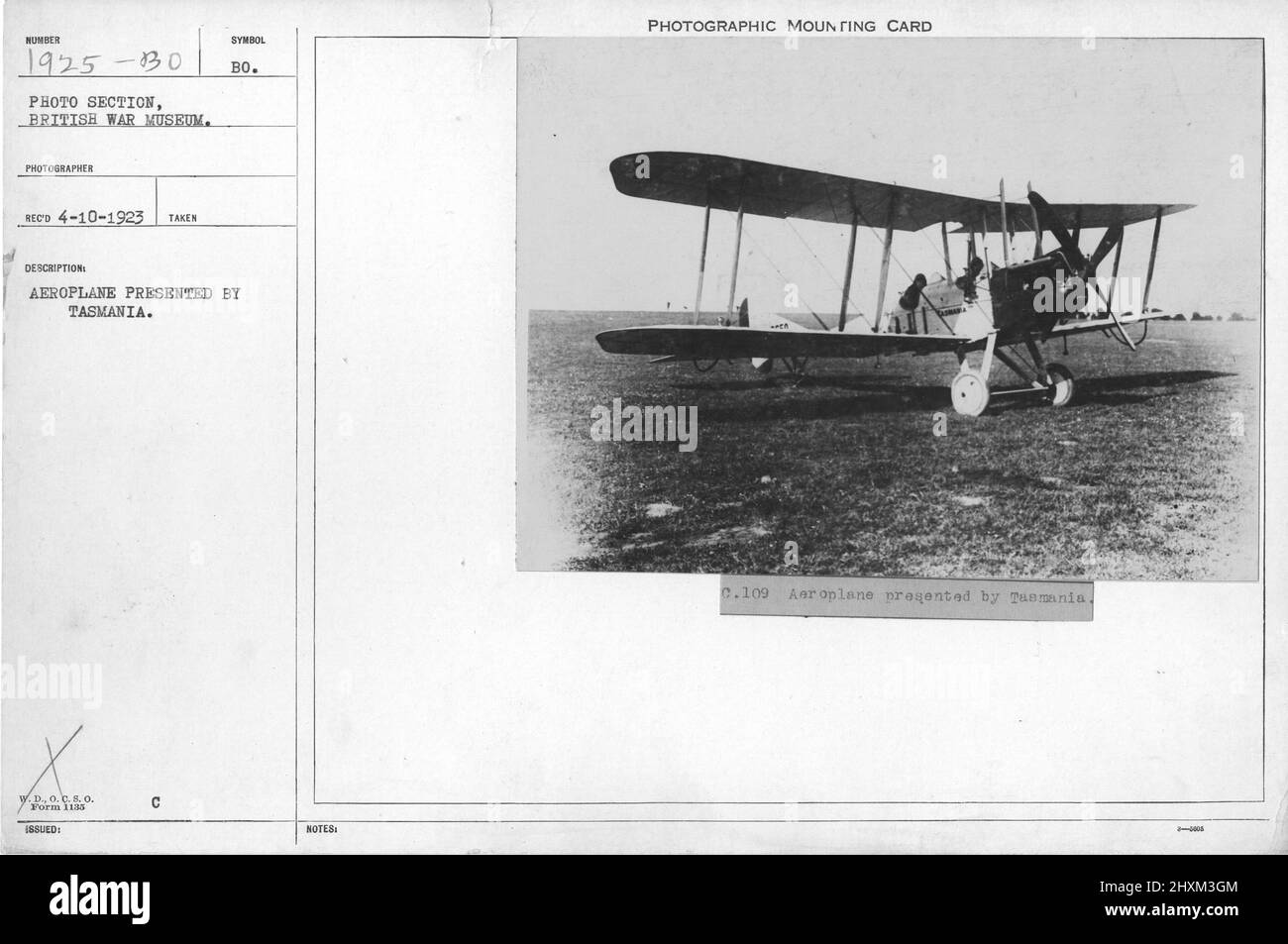 Aeroplane presented by Tasmania. Collection of World War I Photographs, 1914-1918 that depict the military activities of British and other nation's armed forces and personnel during World War I. Stock Photo