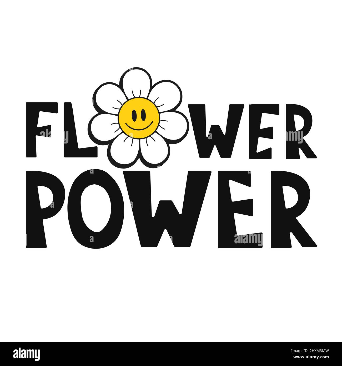 Smile emoji face in flower t-shirt print design.Flower power slogan.Vector hand drawn trendy cartoon logo illustration.Hippie smile face,60s,70s,groovy fashion print for t-shirt,poster concept Stock Vector