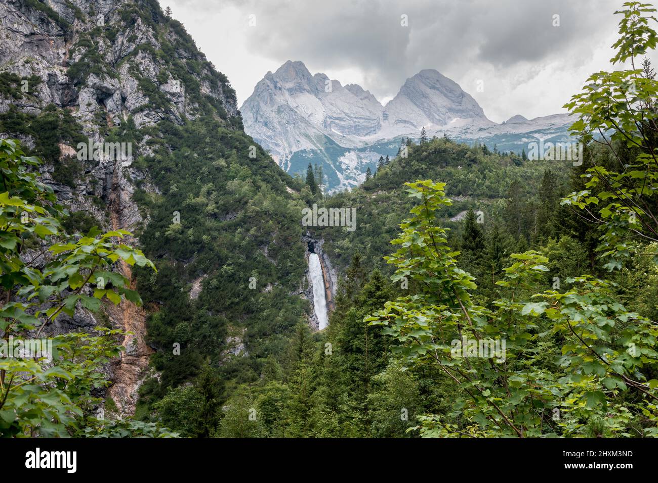 View to the waterfall from the river Partnach in Bavaria Germany. With melt water from the Schneeferner Glacier. Stock Photo