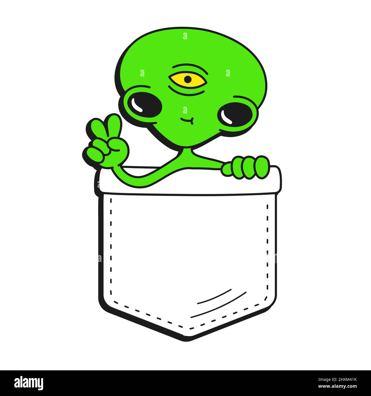 Cute funny alien in pocket t-shirt print.Vector cartoon doodle line style character logo illustration design.Isolated on white background. Funny alien print for pocket t-shirt,clothing concept Stock Vector