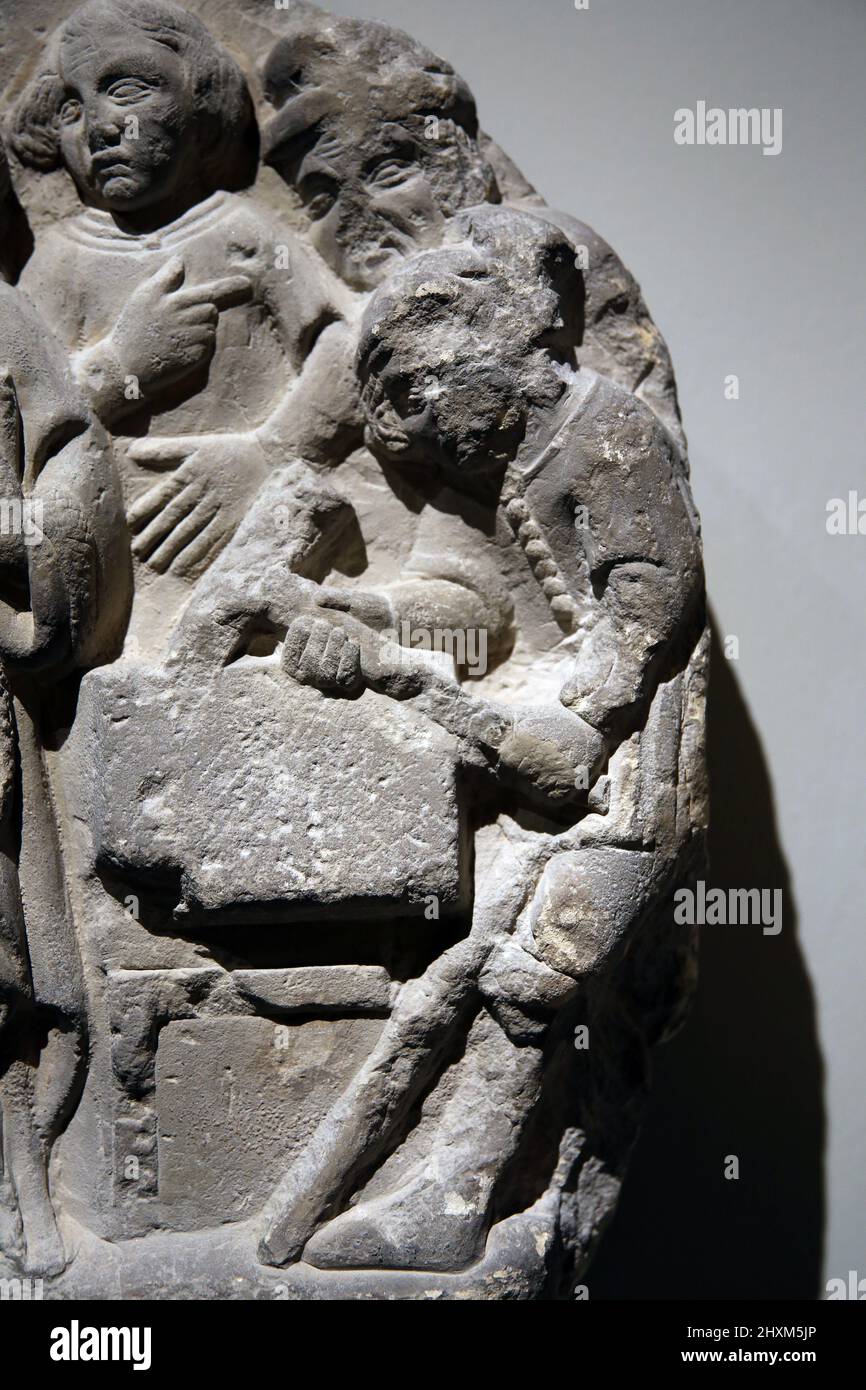 Scene from the life of a holy bishop. Relief. Detail. 14th-15th centuries. Sandy stone, Girona (?).  Spain. Mares Museum. Barcelona. Spain. Stock Photo