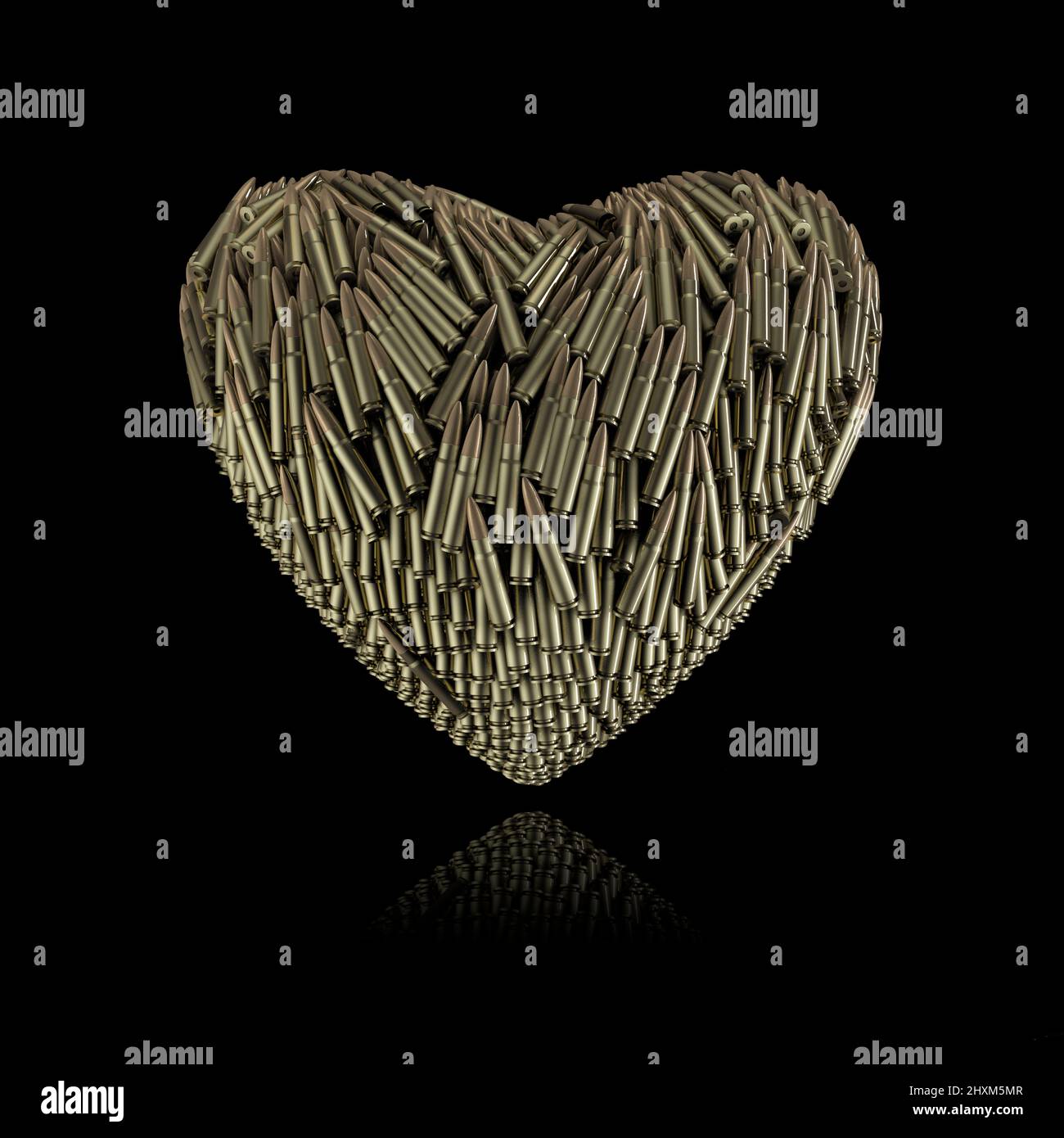 Bullet Valentine rifle - 3D illustration of long gun ammunition forming heart shape isolated on black Stock Photo
