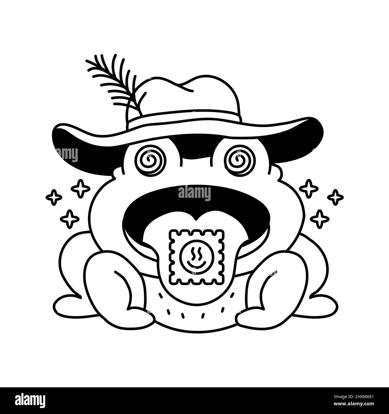 Funny trippy psychedelic frog with acid lsd mark on tongue outline page for coloring book. Vector hand drawn line cartoon character illustration. Trippy psychedelic frog page for coloring book Stock Vector