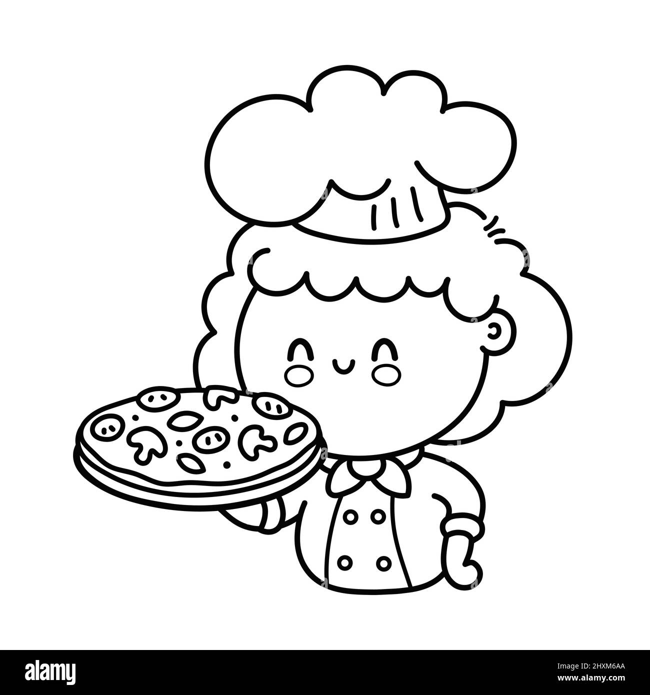 Cute funny chef cook girl character serving a dish.Vector line art page for coloring book.Isolated on white background. Cute kawaii woman lady cook character logo concept Stock Vector