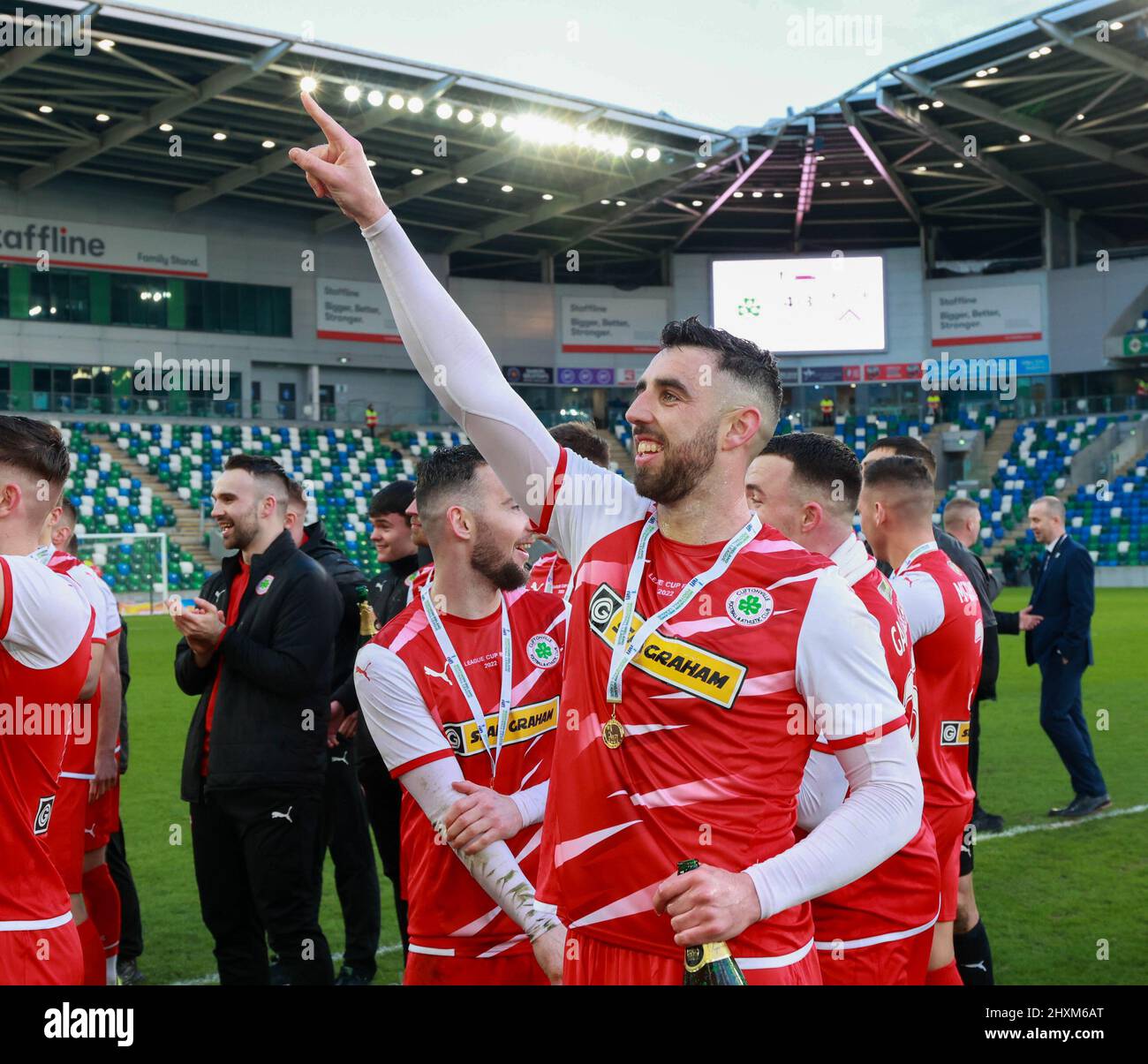 Windsor Park, Belfast, Northern Ireland, UK. 13 Mar 2022. BetMcLean League Cup Final – Cliftonville v Coleraine. Today's game between Cliftonville (red) and Coleraine is the first ever major domestic cup football final to be played on a Sunday in Northern Ireland. Action from today's final. Joe Gormley celebrates. Credit: CAZIMB/Alamy Live News. Stock Photo