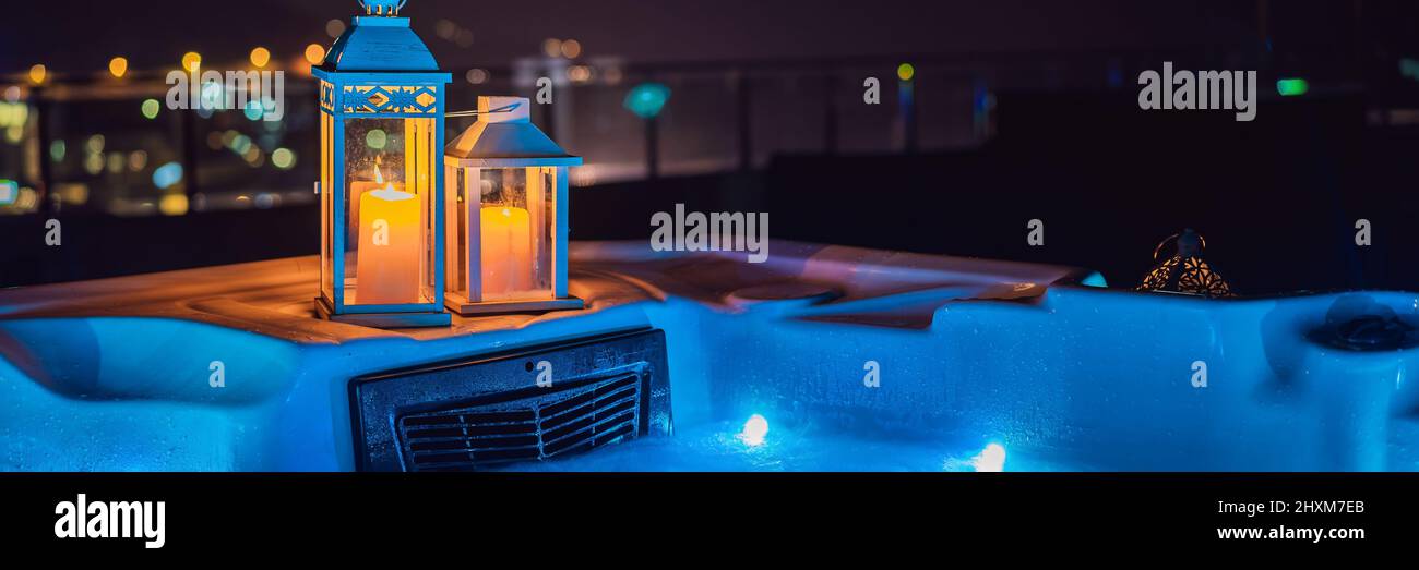 Hot tub with candles ready to take a bath. Valentines day concept BANNER, LONG FORMAT Stock Photo