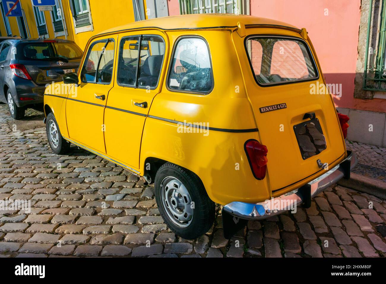 Faro, Portugal, Vintage, Classical Car parked, Renault Car 4CV, Street Scenes, Rear View, french cars retro Stock Photo