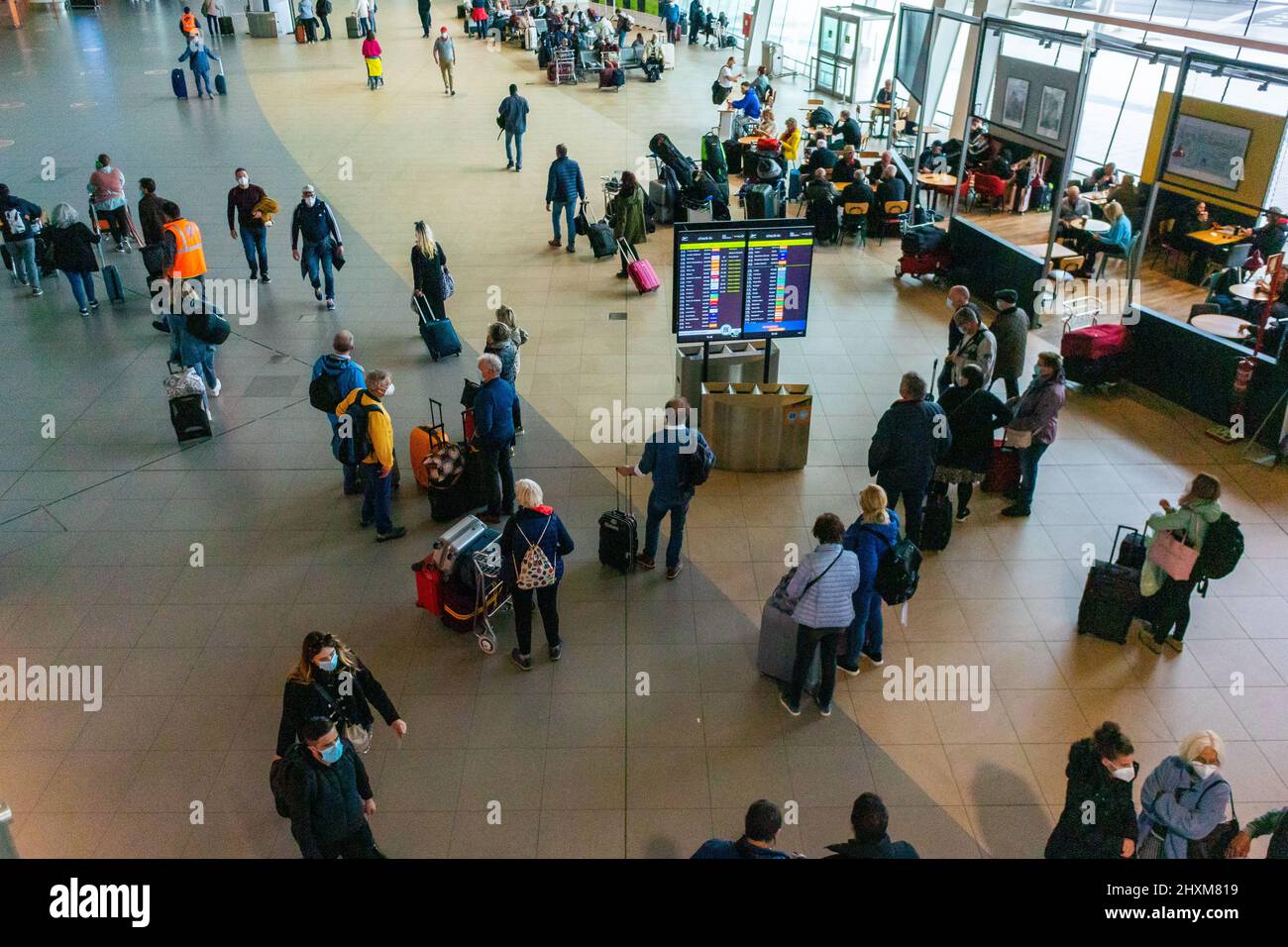 Faro, Portugal, High Angle View, Crowd Scene, inside International Airport, Crowded, Departures Panel Stock Photo