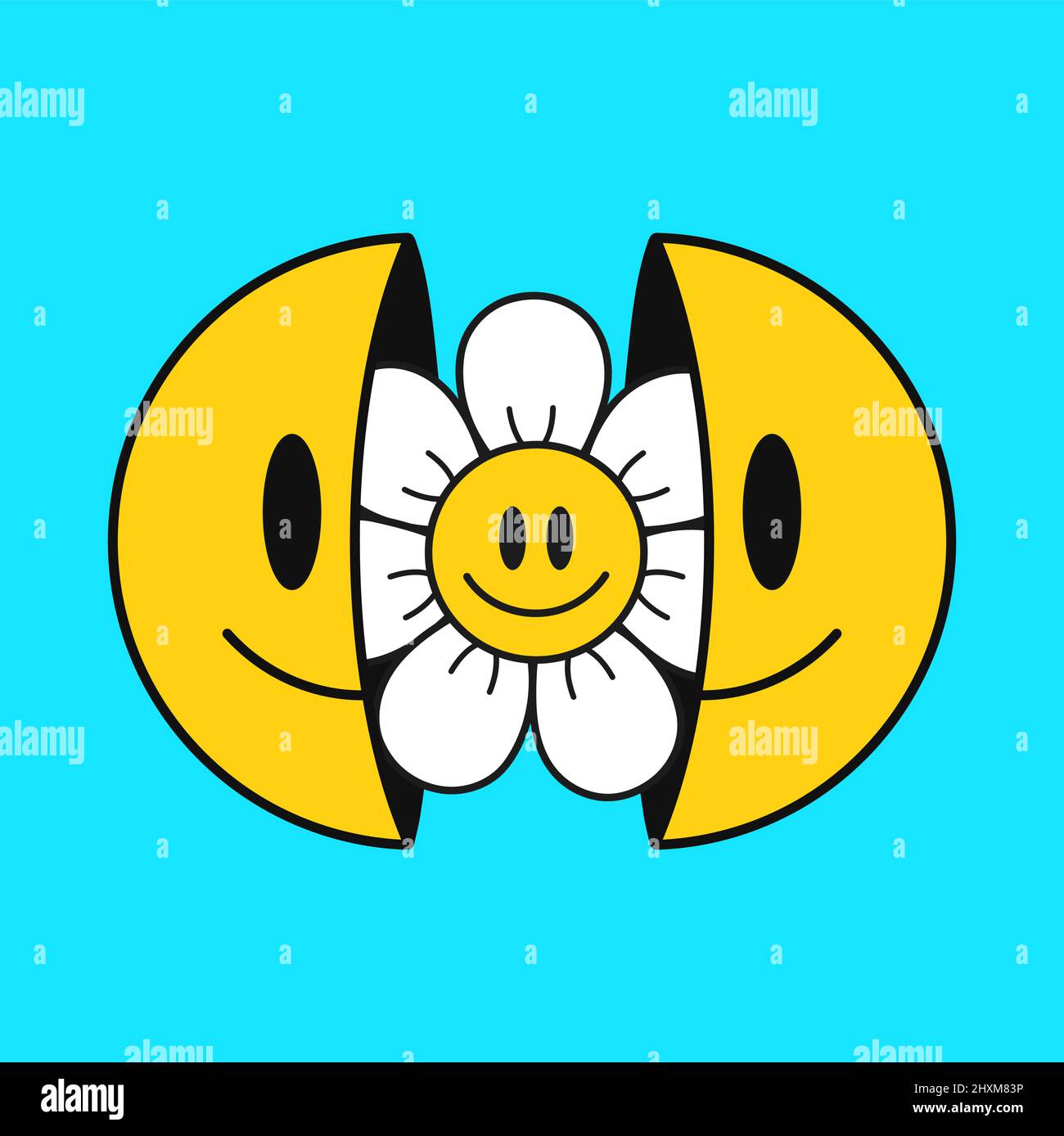 Two half of smile face with chamomile flowe inside.Vector cartoon character illustration.Isolated on white background. Smile emoji face,chamomile flower,positive print for t-shirt,poster concept Stock Vector