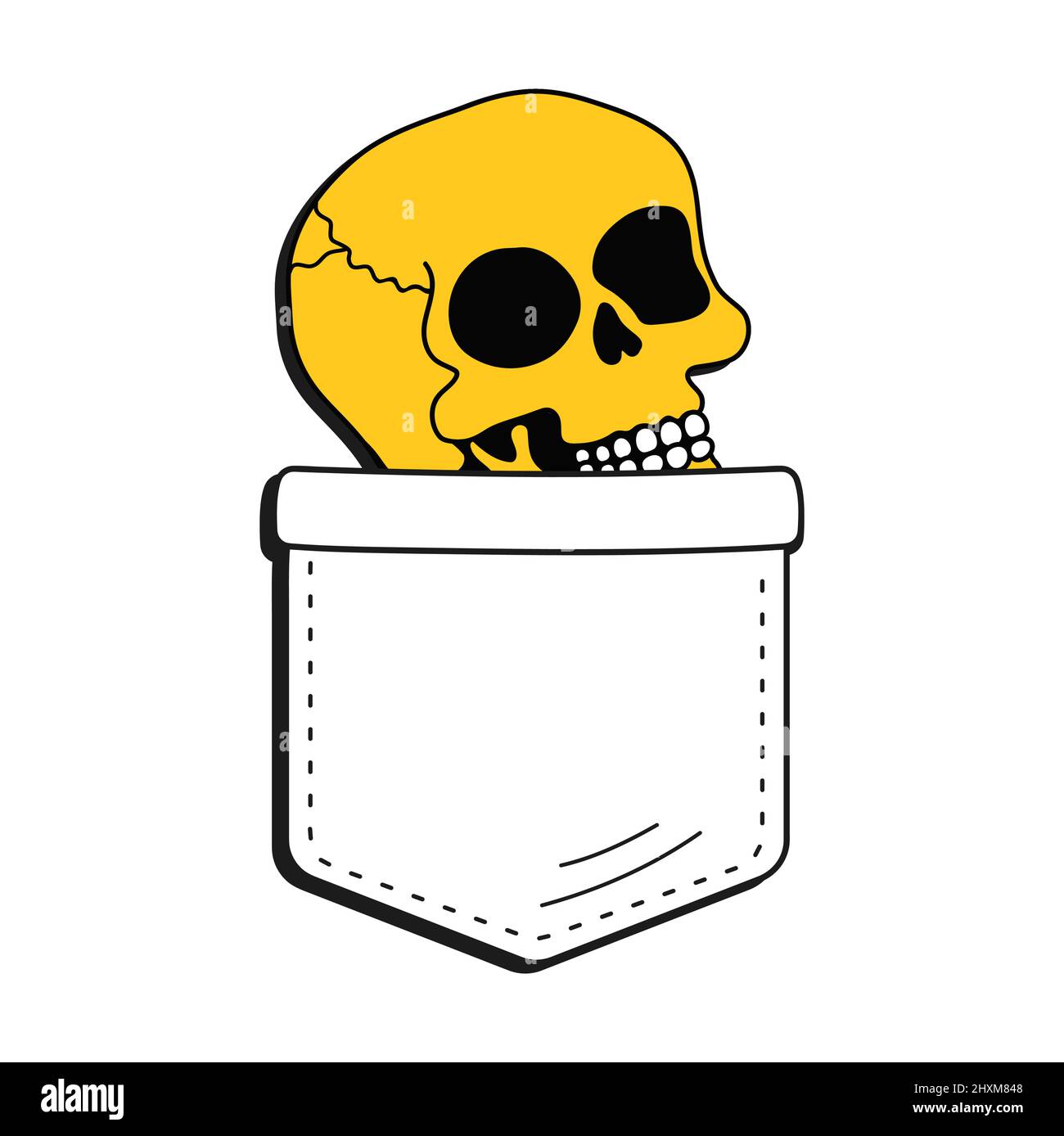 Funny skull in pocket t-shirt print.Vector cartoon doodle line style character logo illustration design.Isolated on white background. Funny vintage skull print for pocket t-shirt,clothing concept Stock Vector