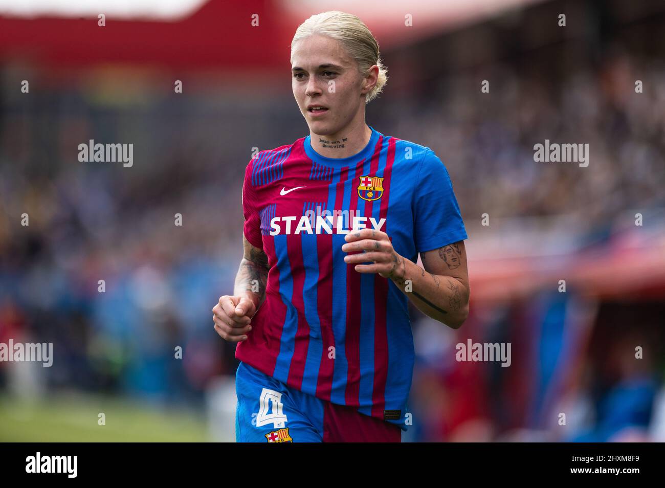 Spain. 13/03/2022, Maria Leon of FC Barcelona during the UEFA Womens Champions League match between FC Barcelona and  Arsenal FC at Estadi Johan Cruyff in Sant Joan Despi, Spain. Stock Photo