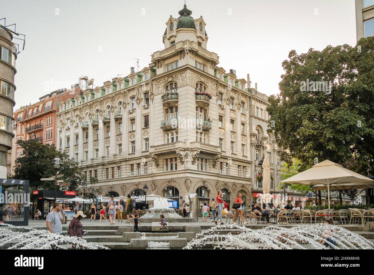 Belgrade cityscape in summer. Serbian capital city central square street scene Stock Photo