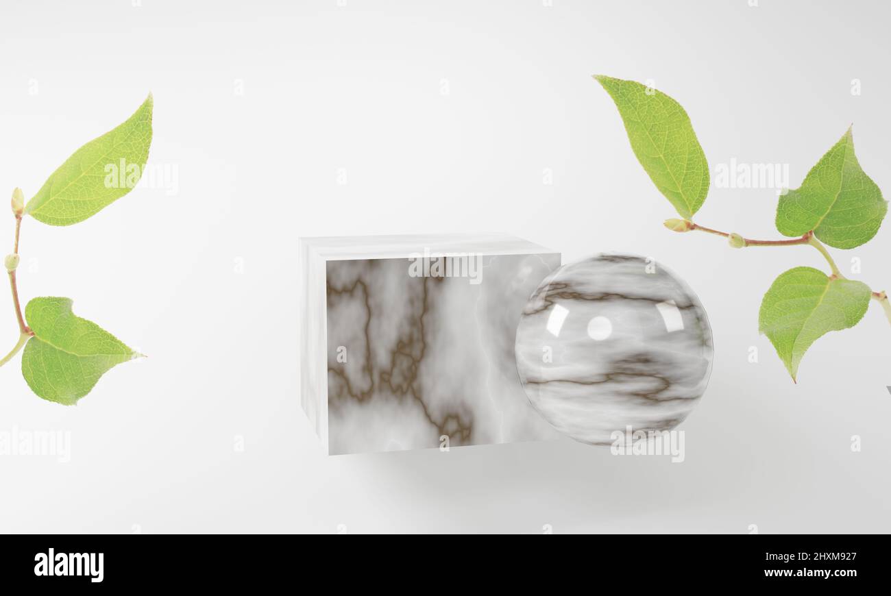 product display marble podium with nature leaves background. 3D ...
