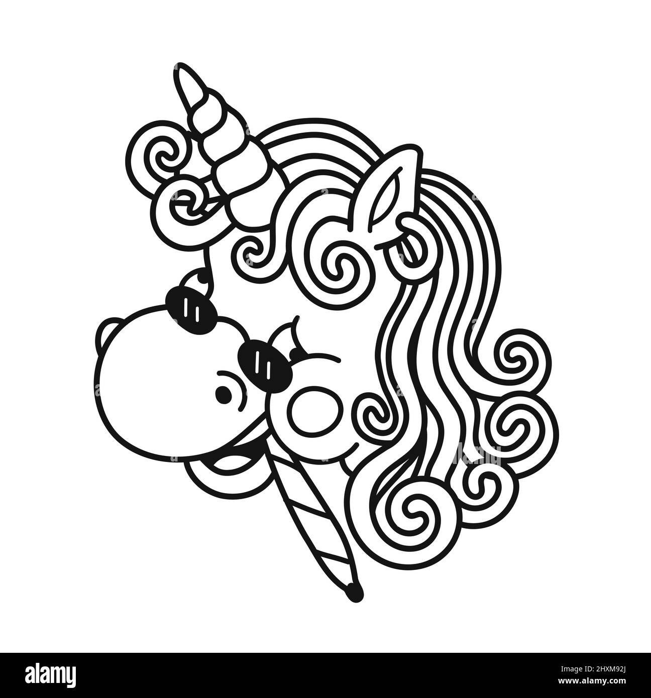 Smile happy unicron smoking weed joint page for coloring book.Vector hand drawn cartoon character illustration.Unicorn smoke weed face page for coloring book Stock Vector