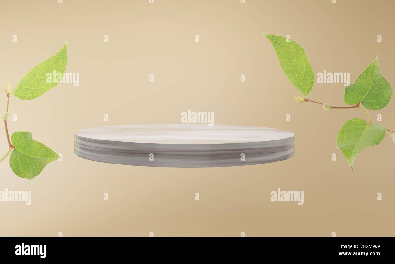 product display marble podium with nature leaves background. 3D ...