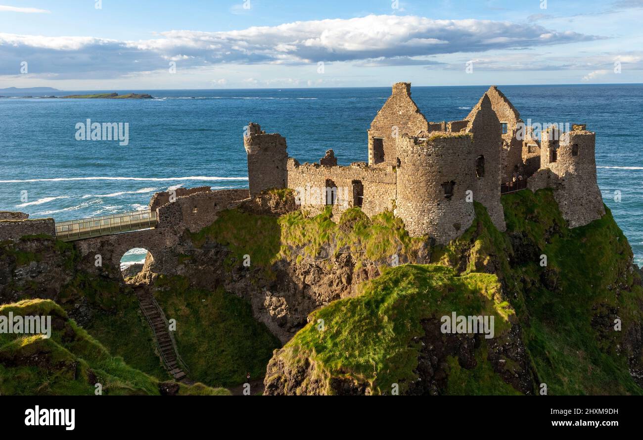 Landscape view of the ruined medieval castle, Dunluce Castle, nr Portrush, County Antrim, Northern Ireland, UK Stock Photo