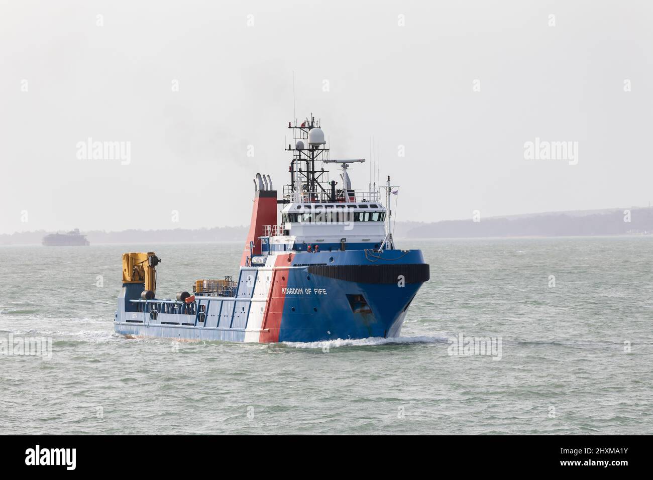 Offshore supply vessel Kingdom of Fife arriving in Portsmouth. Stock Photo