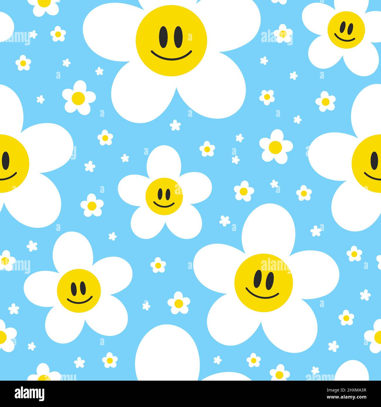 Cute funny kawaii smile face flowers on blue background seamless  pattern.Vector cartoon kawaii character illustration design.Positive  vintage smile face,camomile flower seamless pattern concept Stock Vector  Image & Art - Alamy