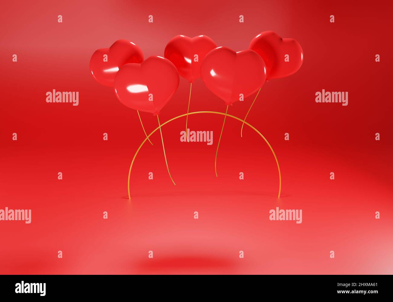 3d red balloons in the shape of a heart on a red background. Festive ...