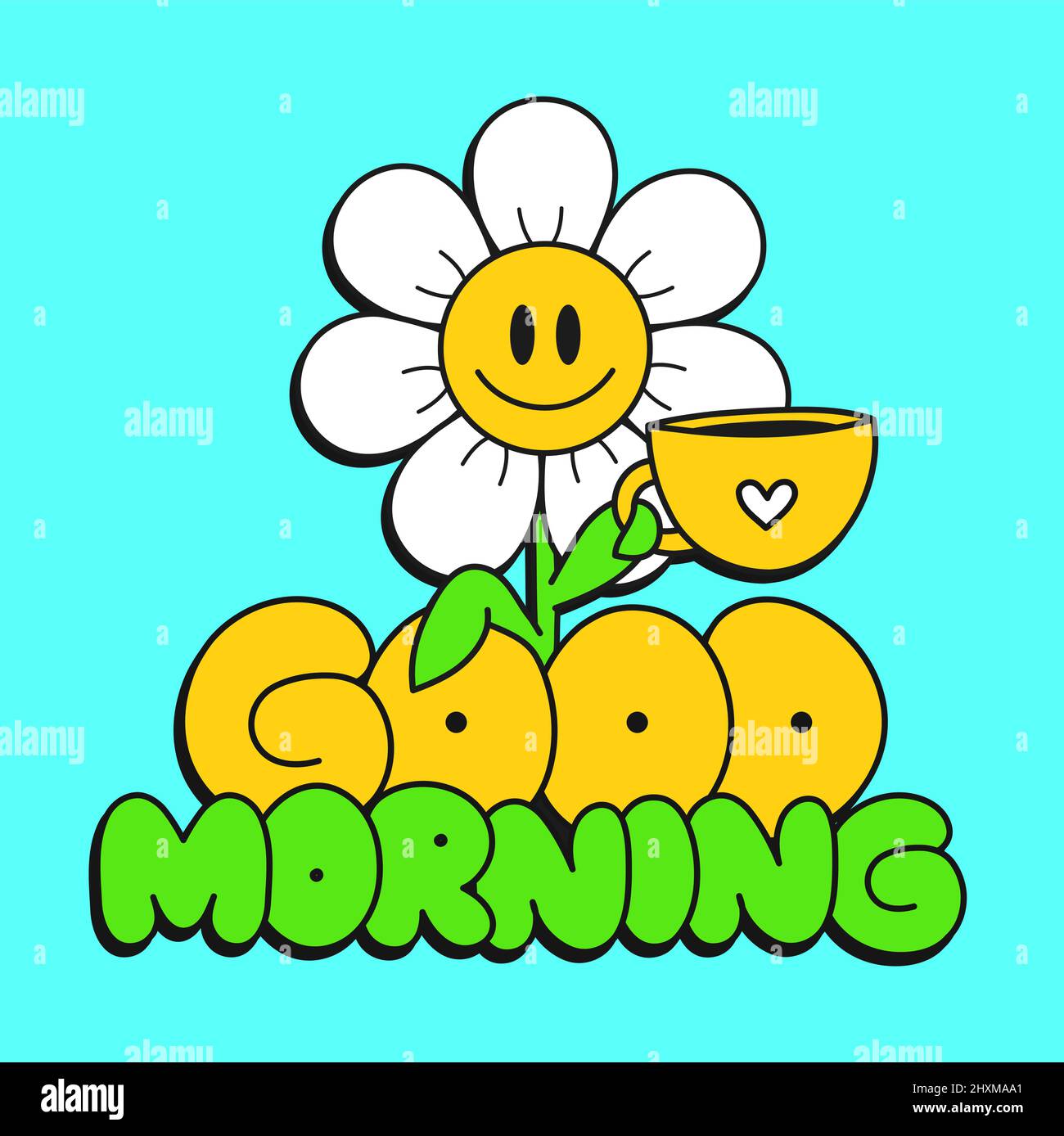 Cute funny chamomile flower with coffee cup. Good morning quote. Vector hand drawn doodle line cartoon illustration. Flower,good morning print for t-shirt, poster,sticker,badge,card concept Stock Vector