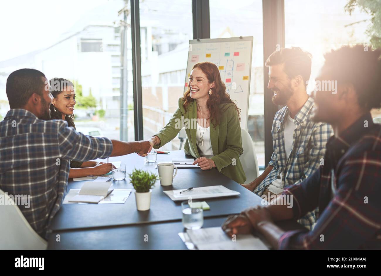 Welcome to the team. Cropped shot of businesspeople shaking hands in a modern office. Stock Photo