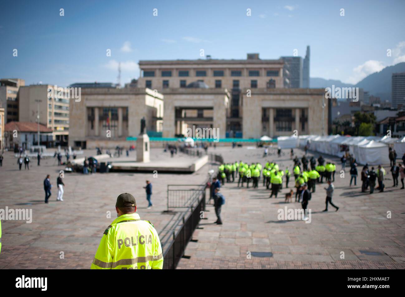 A general view of Bogota's Plaza de Bolivar during the 2022 Congressional elections in Colombia, on March 13, 2022, in  , Colombia. Colombia is set to elect congress on March 13 and Presidential candidates from different alliances for the first run on May 29. Photo by: Sebastian Barros/Long Visual Press Stock Photo