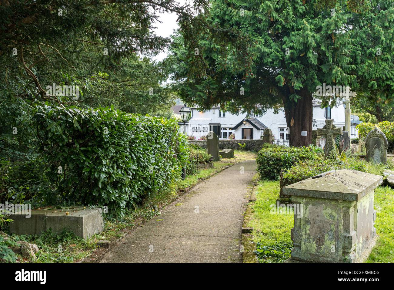 The Star Inn at Mamhilad from St Illtyd's Church. Stock Photo