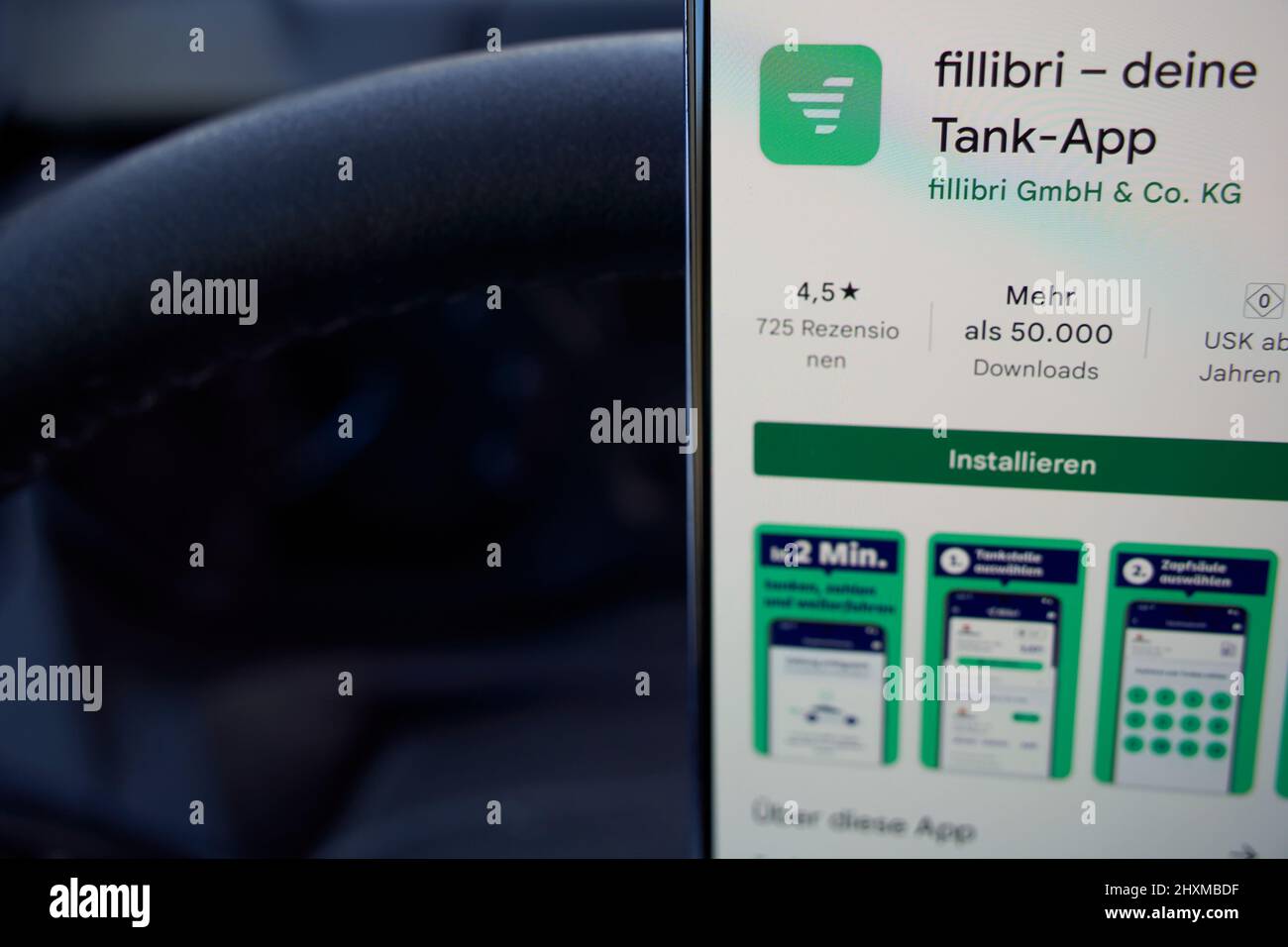 Stuttgart, Germany - March 11, 2022: Smartphone app Fillibri tank app, always finds the cheapest gas station (Tankstelle). Icon launcher on screen in Stock Photo