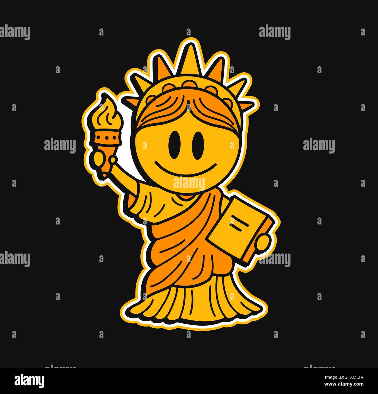 Cute New York Statue of Liberty with smile face print for t-shirt.Vector hand drawn doodle line cartoon character illustration. Statue of Liberty,New York print for t-shirt, poster,sticker concept Stock Vector