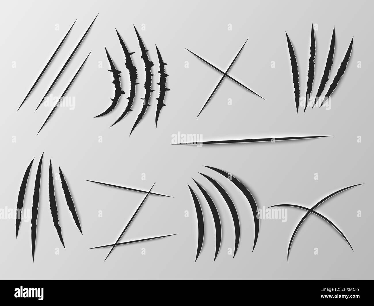 Realistic knife cut. Sharp blade carved effect. Paper incision. Wild animal claws marks. Beast rough slash scratches. Torn surface. Nail tear traces Stock Vector