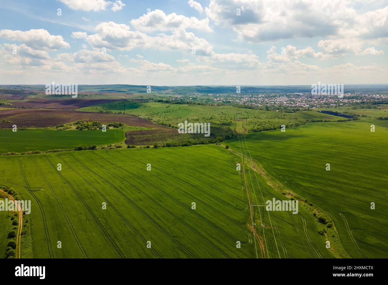 Aerial landscape view of green cultivated agricultural fields with ...