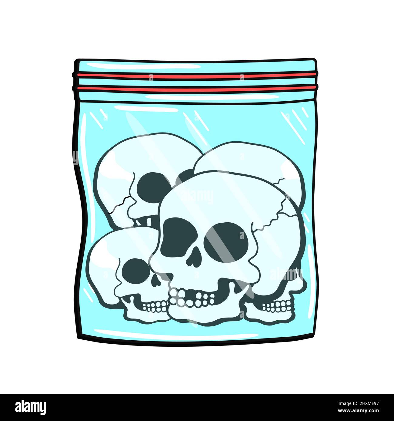 Skulls in a plastic zip bag print for t-shirt concept. Vector hand drawn doodle line cartoon illustration. Skulls,drugs print for t-shirt, poster,sticker,cover,badge concept Stock Vector