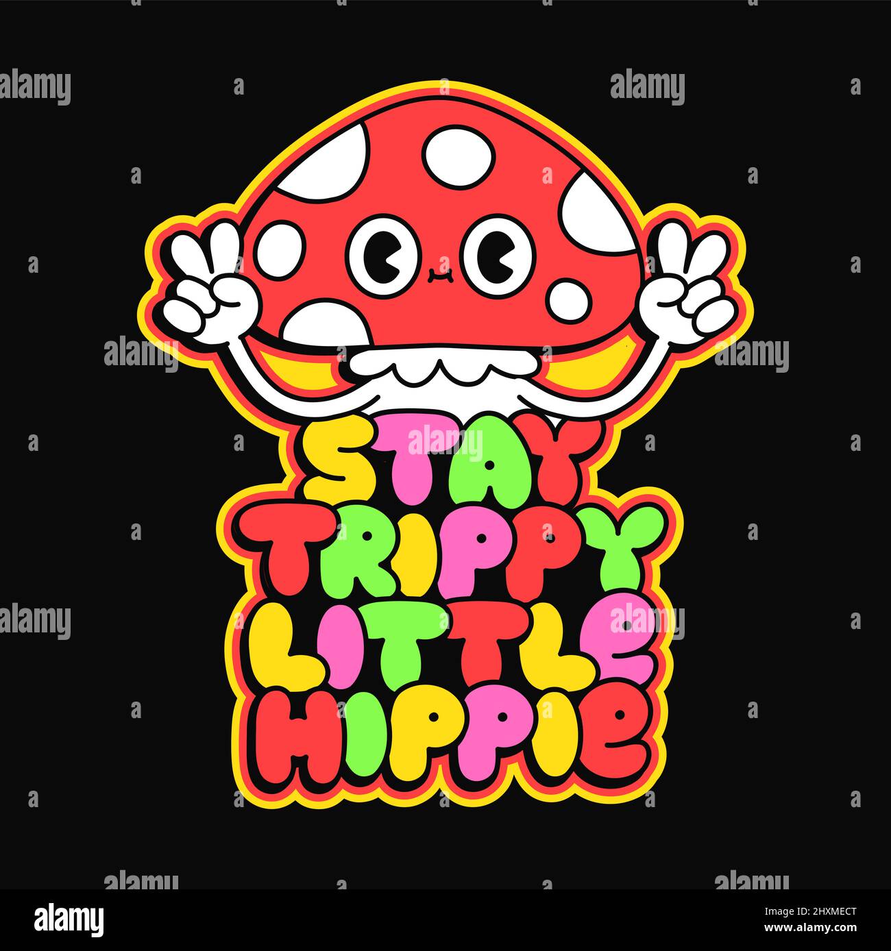 Funny psychedelic amanita mushroom show peace gesture sign. Stay trippy little hippie slogan.Vector doodle line cartoon kawaii character illustration.Magic 70s trippy mushroom print on poster, t-shirt Stock Vector