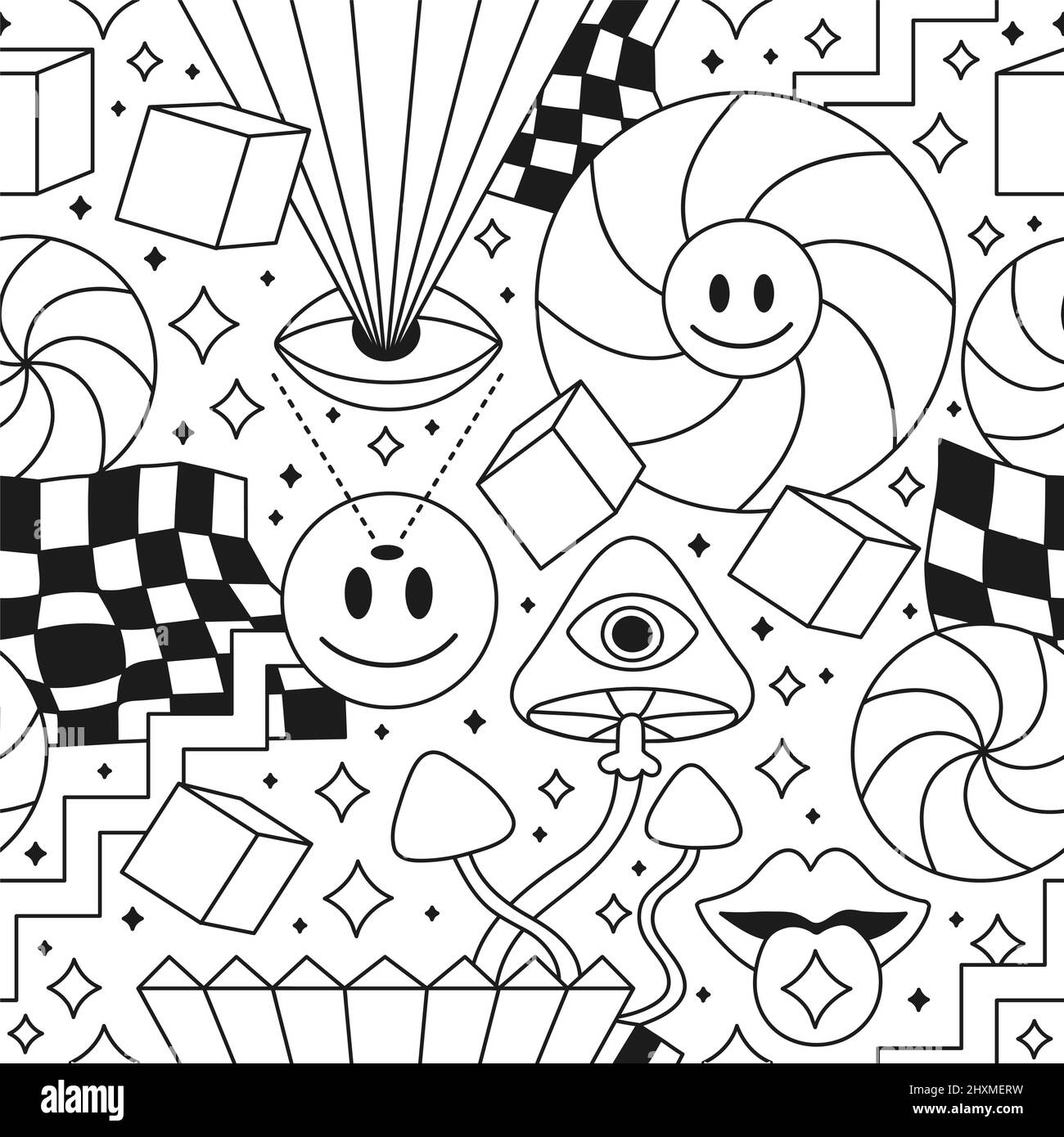Trippy psychedelic geometry coloring page seamless pattern.Vector crazy cartoon character illustration.Smile groovy faces,acid,trippy,cells seamless pattern wallpaper,coloring book print concept Stock Vector