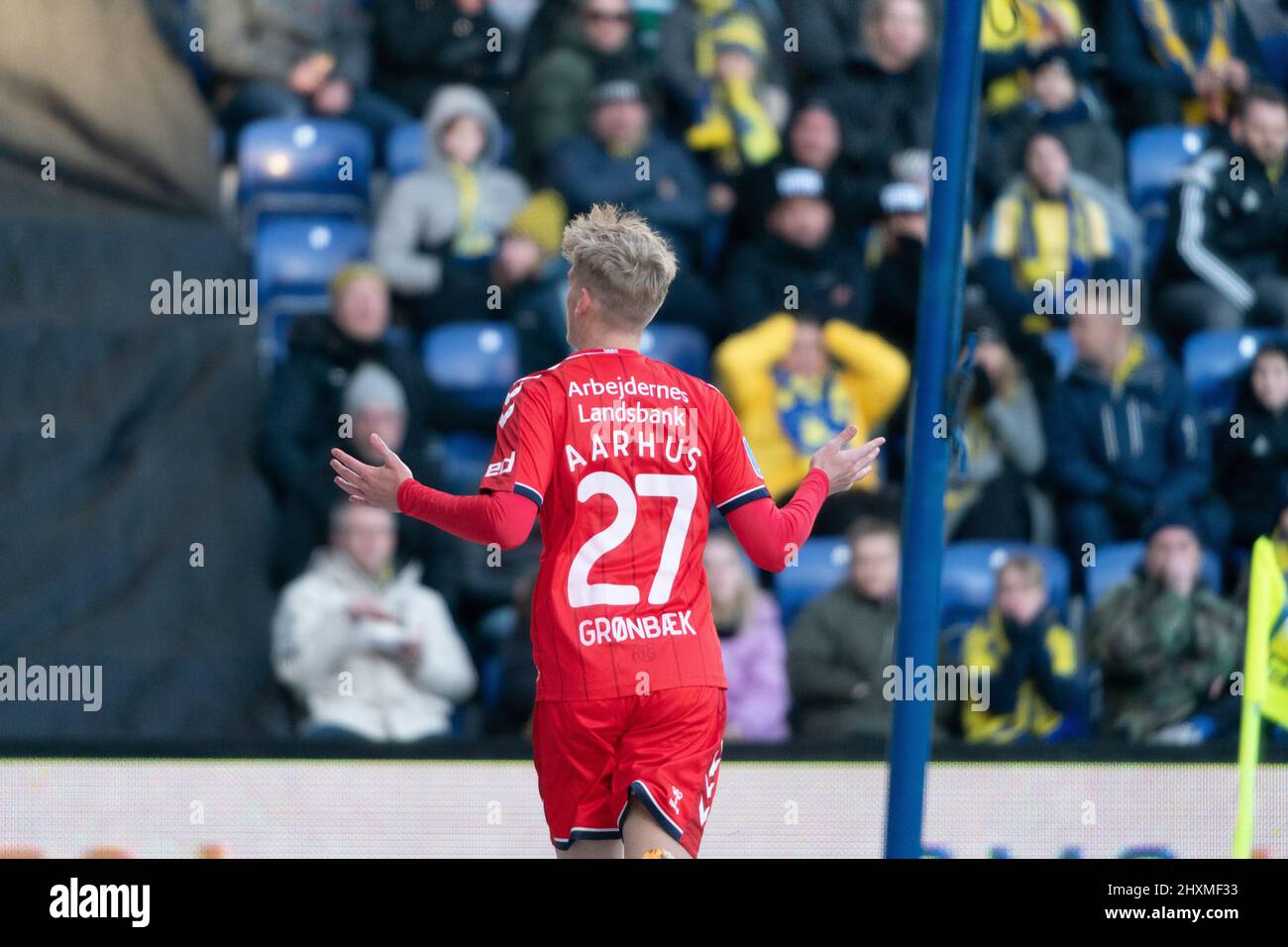 Brondby, Denmark. 13th Mar, 2022. Albert Gronbaek (27) of Aarhus GF scores for 1-1 during the 3F Superliga match between Broendby IF and of Aarhus GF at Brondby Stadium. (Photo Credit: Gonzales Photo/Alamy Live News Stock Photo