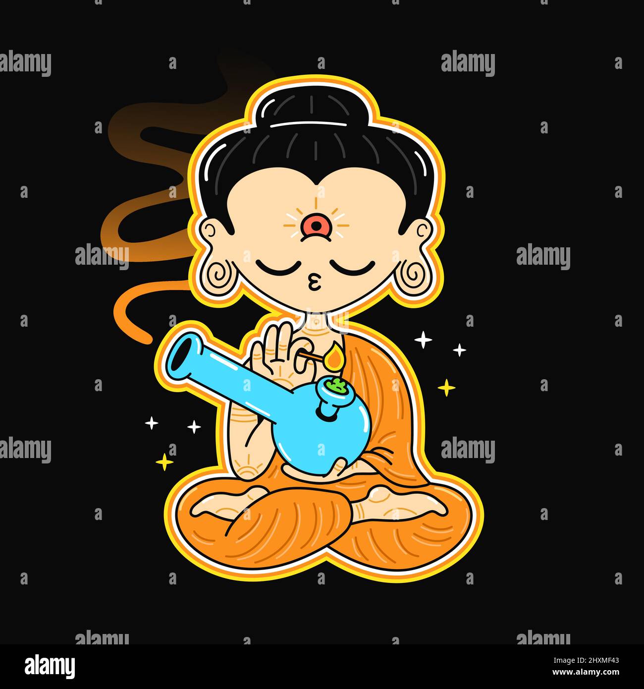 Cute funny Buddha smoke weed with bong. Vector hand drawn cartoon kawaii character logo illustration. Buddha,buddhist smoke marijuana, cannabis, weed with bong character t-shirt print concept Stock Vector