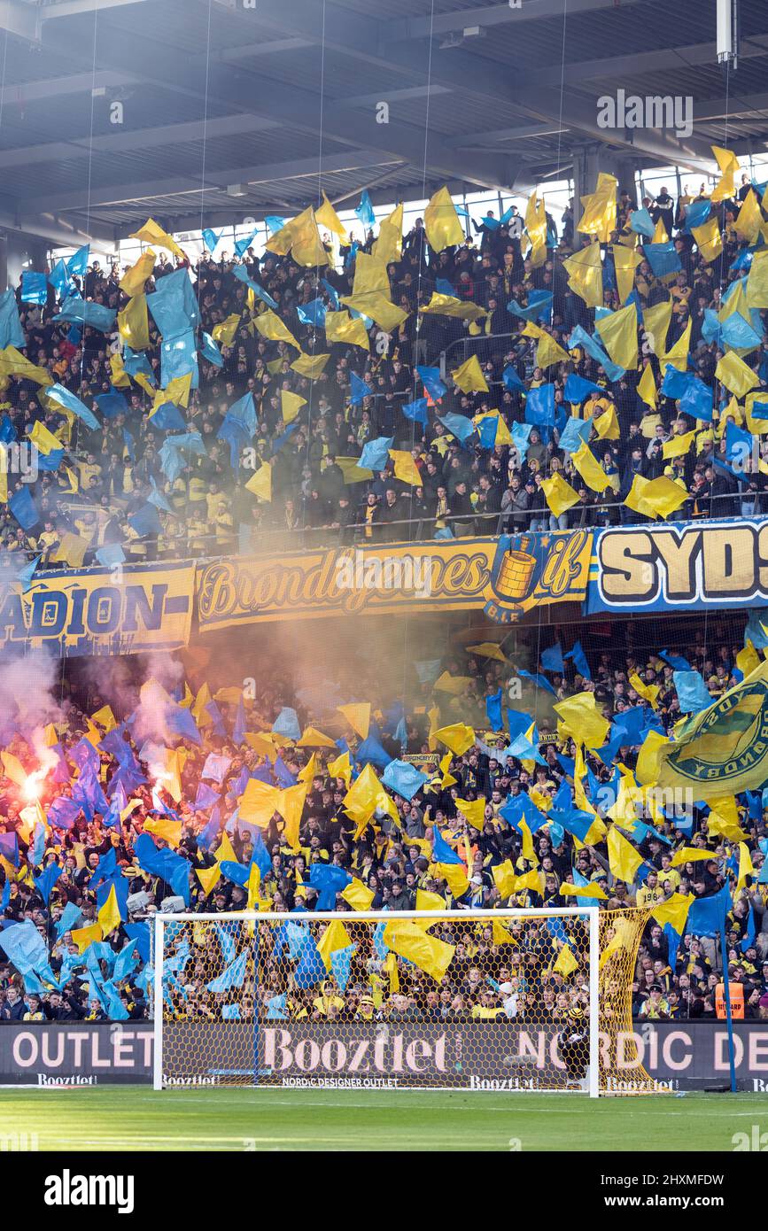 Brondby, Denmark. 13th Mar, 2022. Football fans of Broendby IF seen during the 3F Superliga match between Broendby IF and Aarhus GF at Brondby Stadium. (Photo Credit: Gonzales Photo/Alamy Live News Stock Photo