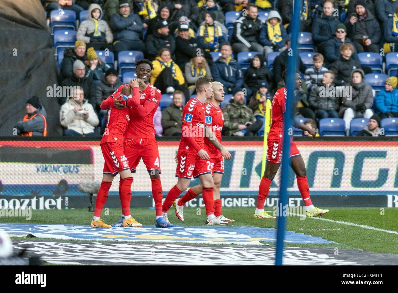Brondby, Denmark. 13th Mar, 2022. Albert Gronbaek (27) of Aarhus GF scores for 1-1 during the 3F Superliga match between Broendby IF and of Aarhus GF at Brondby Stadium. (Photo Credit: Gonzales Photo/Alamy Live News Stock Photo