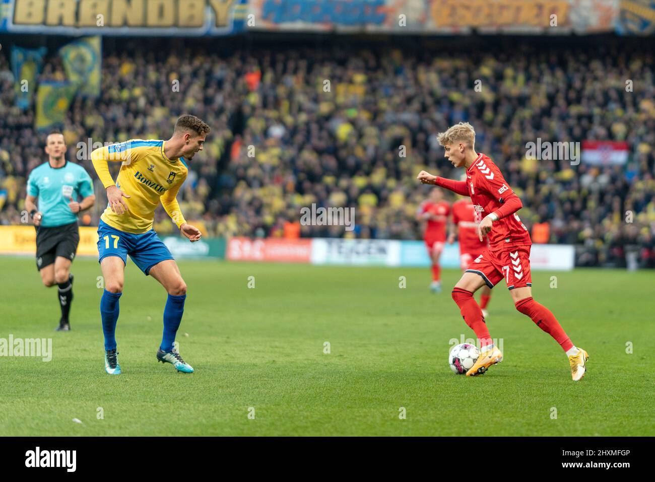 Brondby, Denmark. 13th Mar, 2022. Albert Gronbaek (27) of Aarhus GF and Andreas Bruus (17) of Broendby IF seen during the 3F Superliga match between Broendby IF and of Aarhus GF at Brondby Stadium. (Photo Credit: Gonzales Photo/Alamy Live News Stock Photo