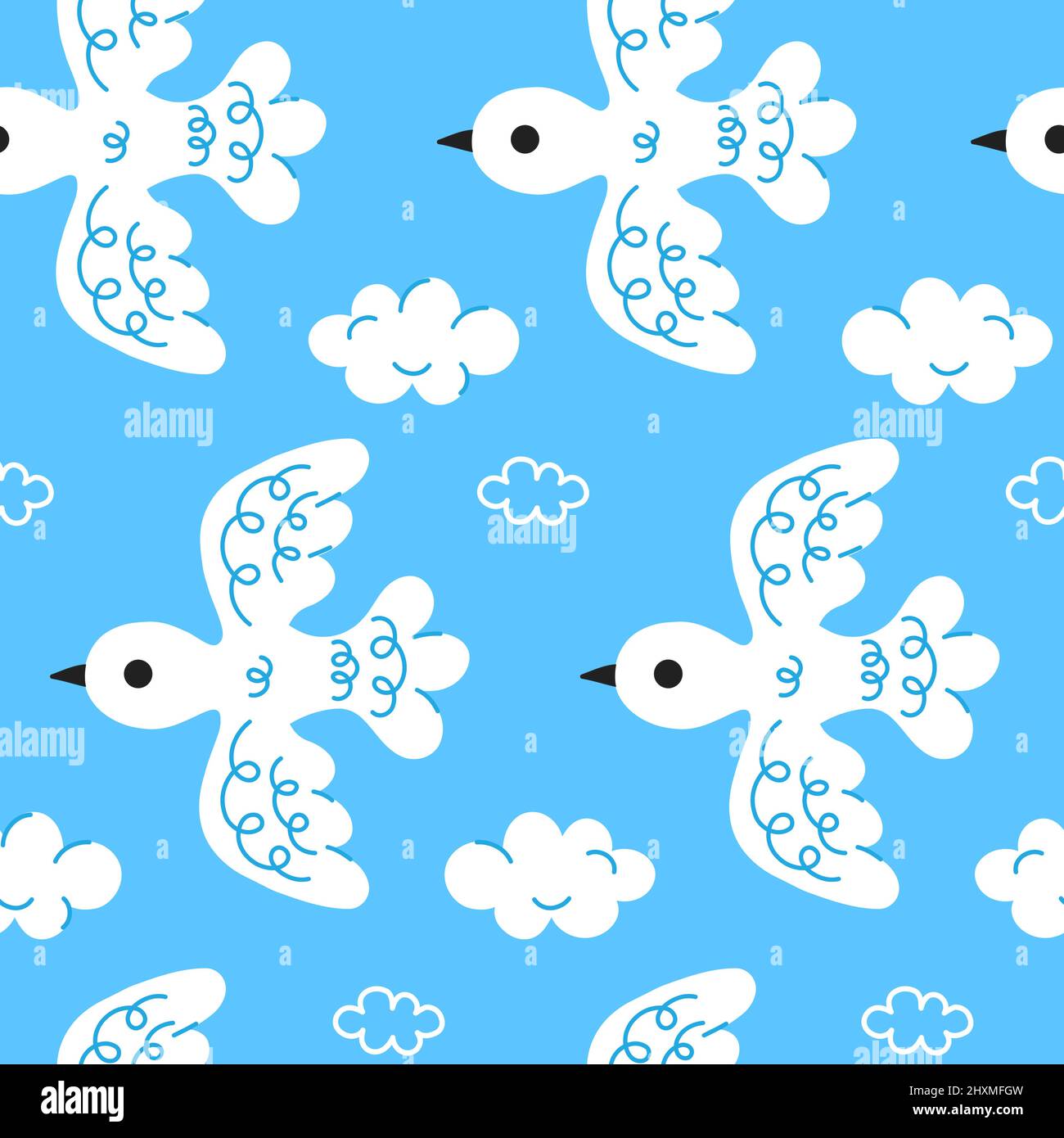 Cute white birds on blue background seamless pattern.Vector cartoon hand drawn style character illustration design.Vintage fly birds on blue sky,white clouds seamless pattern,wallpaper concept Stock Vector