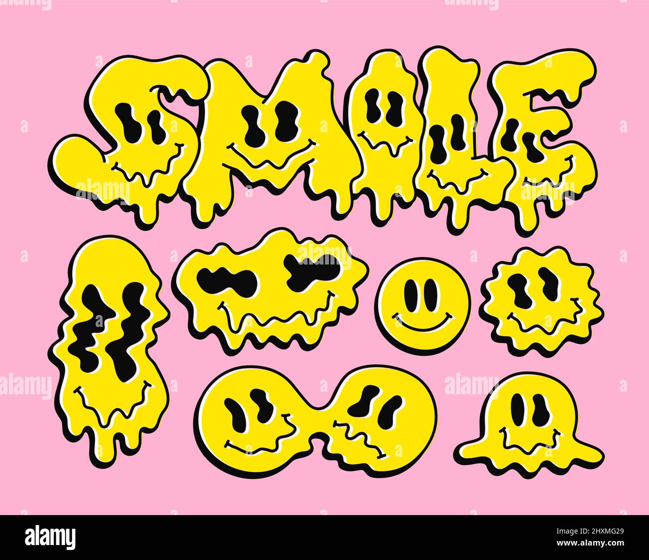 Funny melt warp smile faces,psychedelic emoji set collection.Vector cool logo cartoon character illustration.Smile faces graphic,melt,acid,drugs,60s,70s,90s trippy set bundle print art Stock Vector