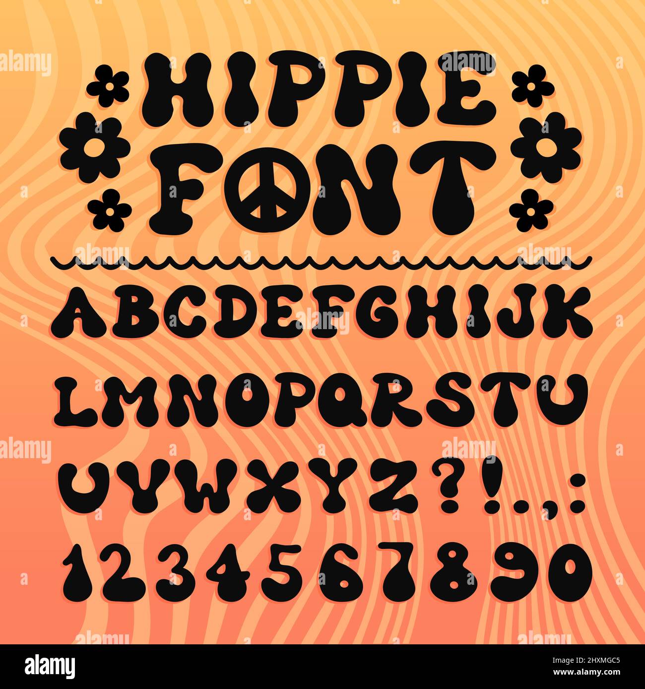 Hippie 60s,70s psychdedelic cartoon style font. Vector doodle illustration letters. Trendy alphabet,cartoon groovy hippie comic abc,60s,70s,funky concept Stock Vector