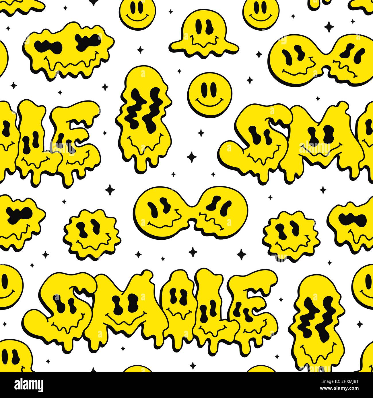 Funny melt warp smile faces,psychedelic emoji seamless pattern.Vector cool cartoon character illustration.Smile faces graphic,melt,acid,drugs,60s,70s,90s trippy seamless pattern wallpaper print art Stock Vector